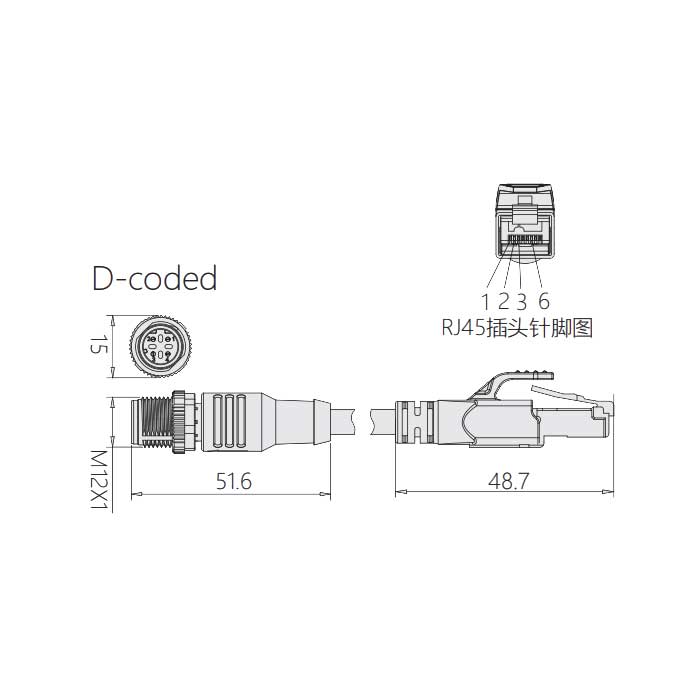 M12 4Pin D-coded、公頭直型轉(zhuǎn)RJ45公頭直型、雙端預(yù)鑄PUR柔性電纜、帶屏蔽、黃色護(hù)套、0C4142-XXX