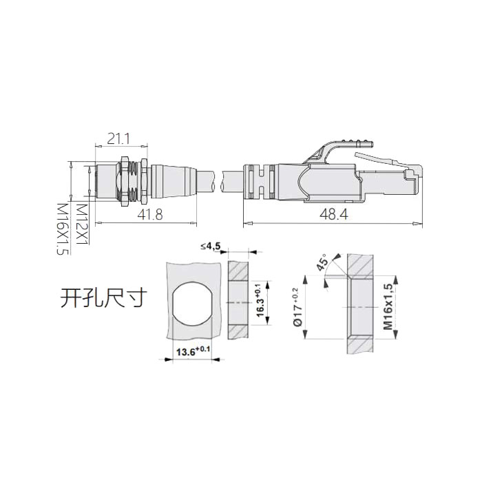 M12 4Pin D-coded、板面法蘭母頭轉(zhuǎn)RJ45公頭直型、雙端預(yù)鑄PVC非柔性電纜、帶屏蔽、黃色護(hù)套、0C4228-XXX